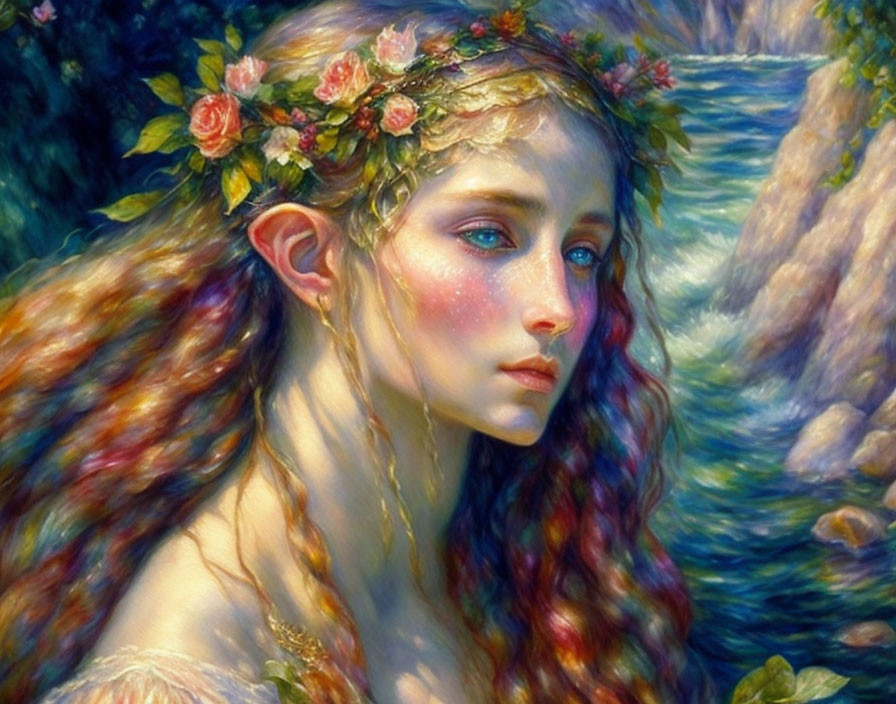 Portrait of young woman with floral crown and auburn hair by tranquil water