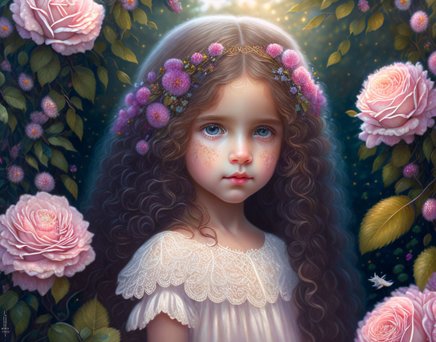 Young girl with curly hair and flowers in digital portrait