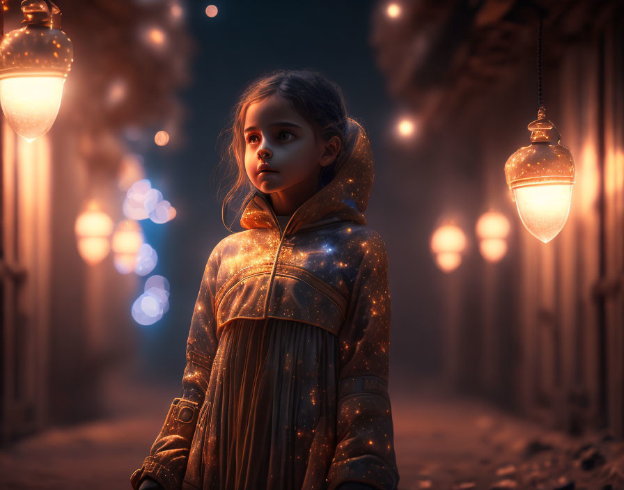 Young girl in gold hooded coat in dimly lit alley with glowing lanterns