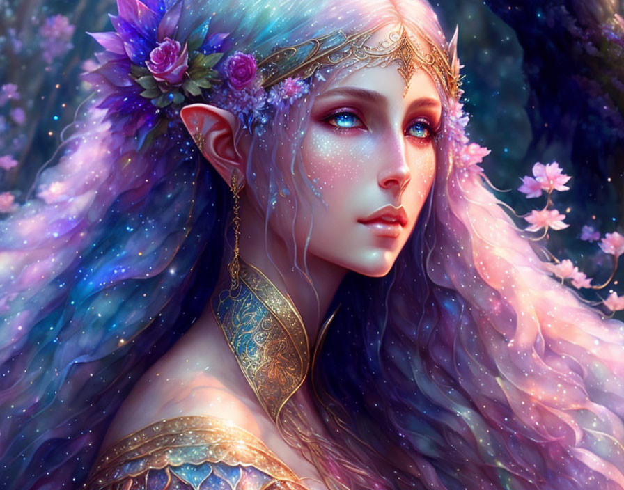 Ethereal woman with pointed ears and floral headpiece in mystical setting