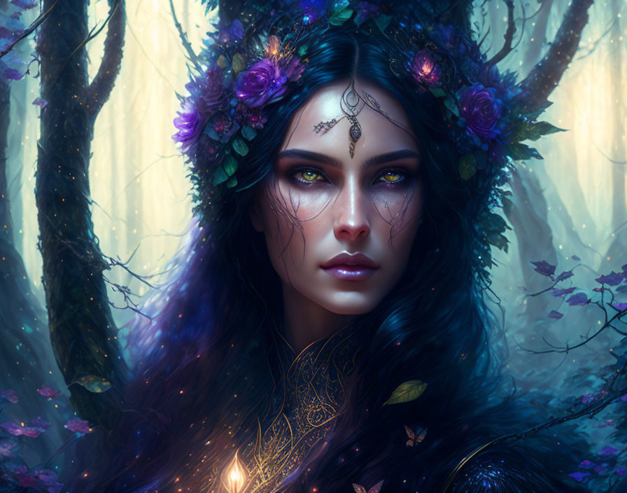 Mystical woman with green eyes and floral crown in enchanted forest