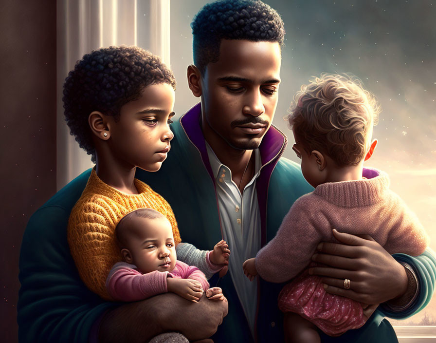 Family Moment: Man with Toddler, Young Child, and Baby Gazing Together