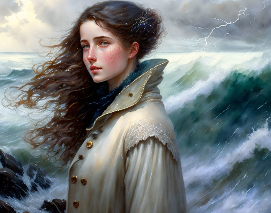 Digital painting of woman with flowing brown hair by the sea