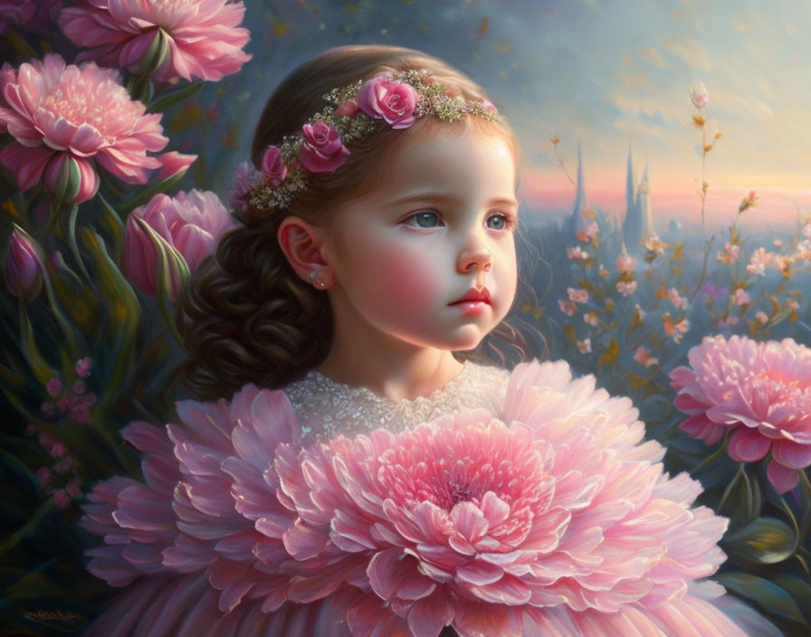 Young girl in floral headband and pink ruffled dress in serene flower backdrop