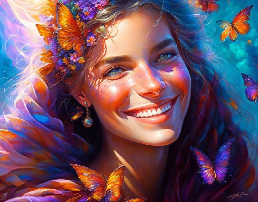 Smiling woman with blue eyes and orange butterflies in floral hair décor