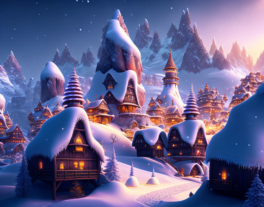 Charming winter village scene with snow-covered cottages and starry skies