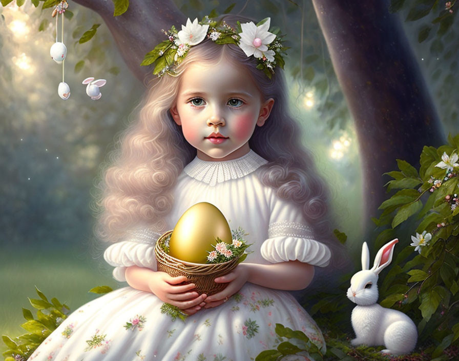 Young girl with floral crown and golden egg in serene forest with bunny