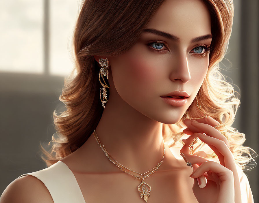 Woman with Blue Eyes and Blond Hair in Elegant Jewelry Portrait