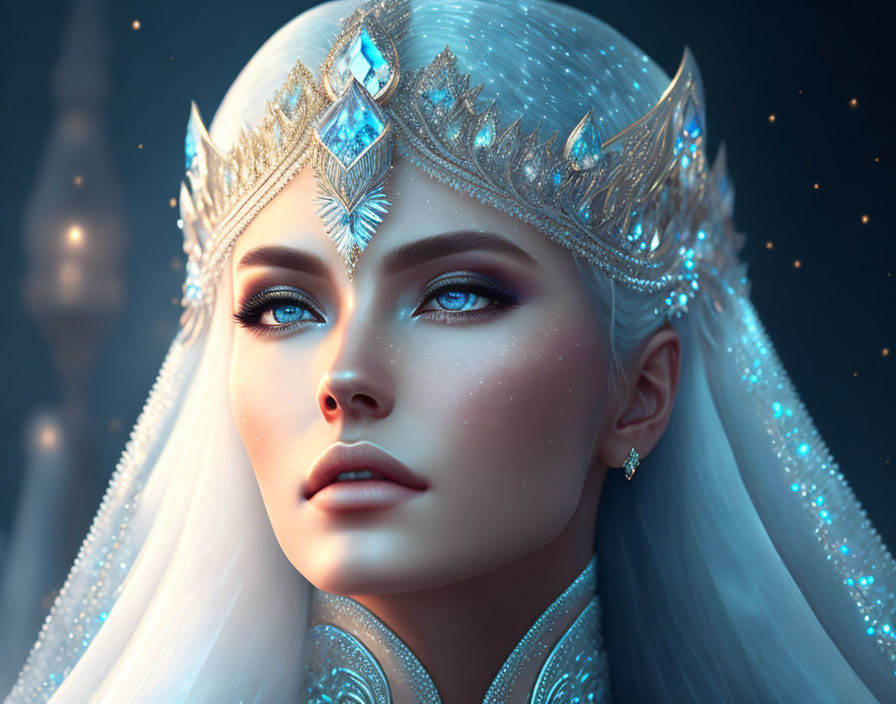 Detailed 3D Rendering of Woman with Ice Queen Theme & Bejeweled Crown