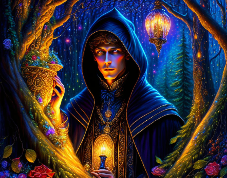 Mysterious figure in hooded cloak with lamp in enchanting forest