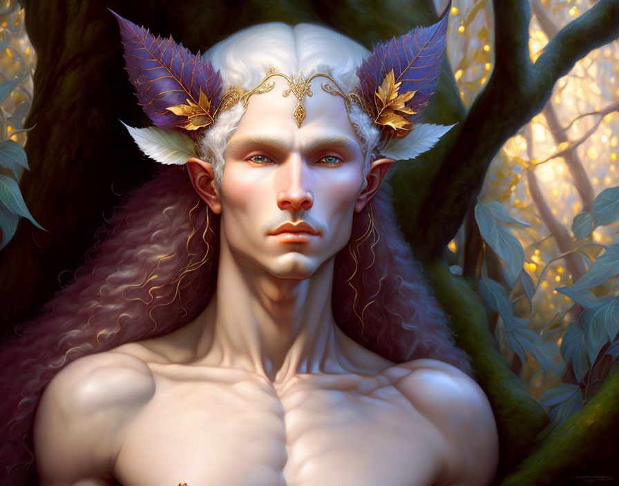 Elven character with pointed ears and ornate headpiece in forest with golden leaves