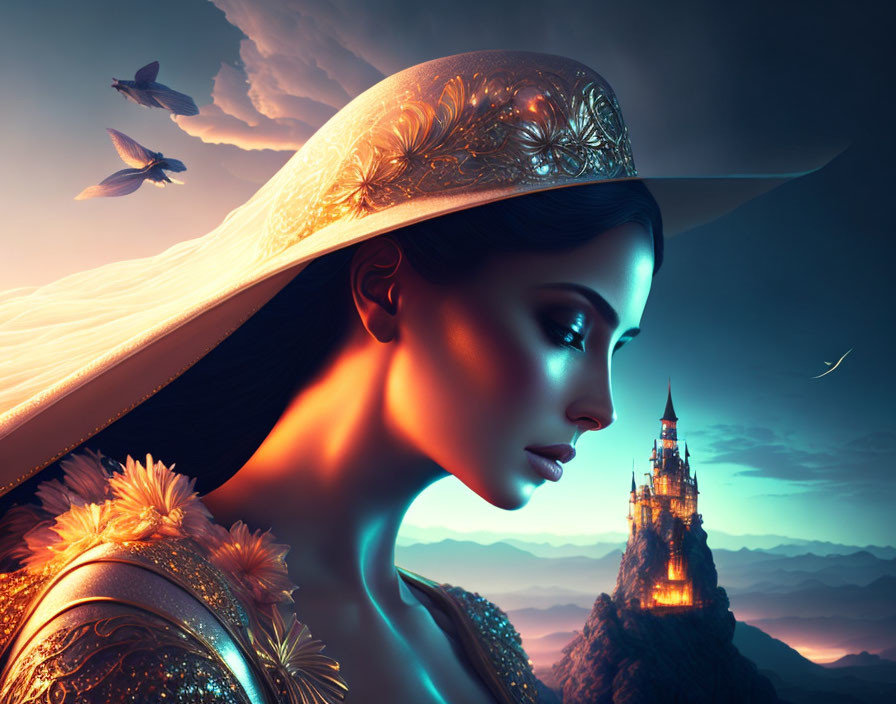 Profile view of woman with decorative hat and shoulder armor in fantasy castle dusk scene