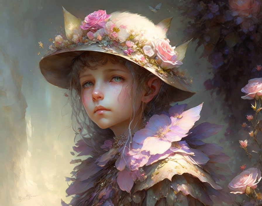 Young Girl Painting with Flower-Adorned Hat and Petals on Shoulders