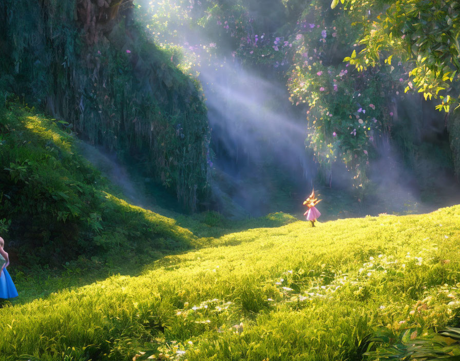 Sunlit Glade with Dancing and Watching Characters in Vibrant Setting