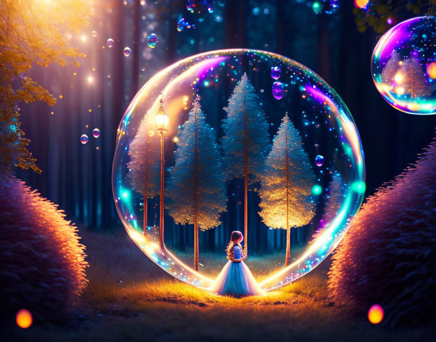 Enchanted forest with sparkling trees in translucent bubble