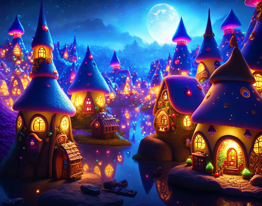 Vibrant fantasy village with glowing windows under full moon