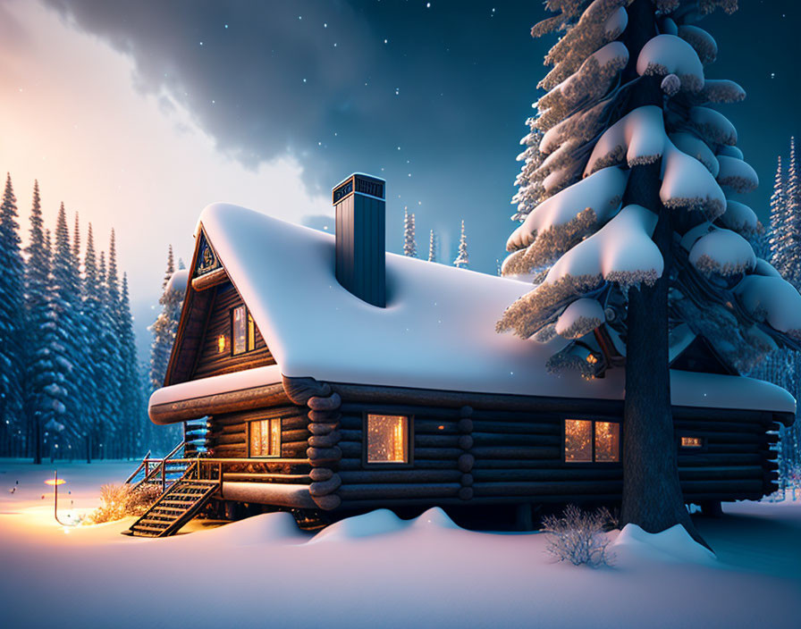 Snow-covered log cabin in twilight winter landscape