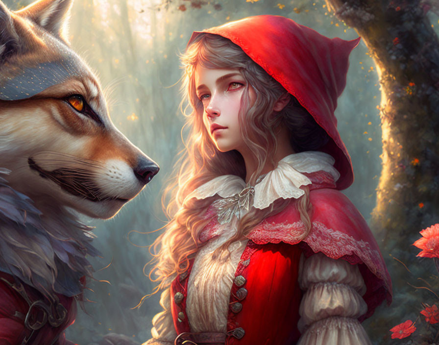 Fantasy digital artwork of Little Red Riding Hood facing a large wolf in a sunlit forest