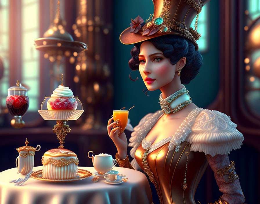 Victorian lady sipping tea in luxurious room with cupcake and teacup