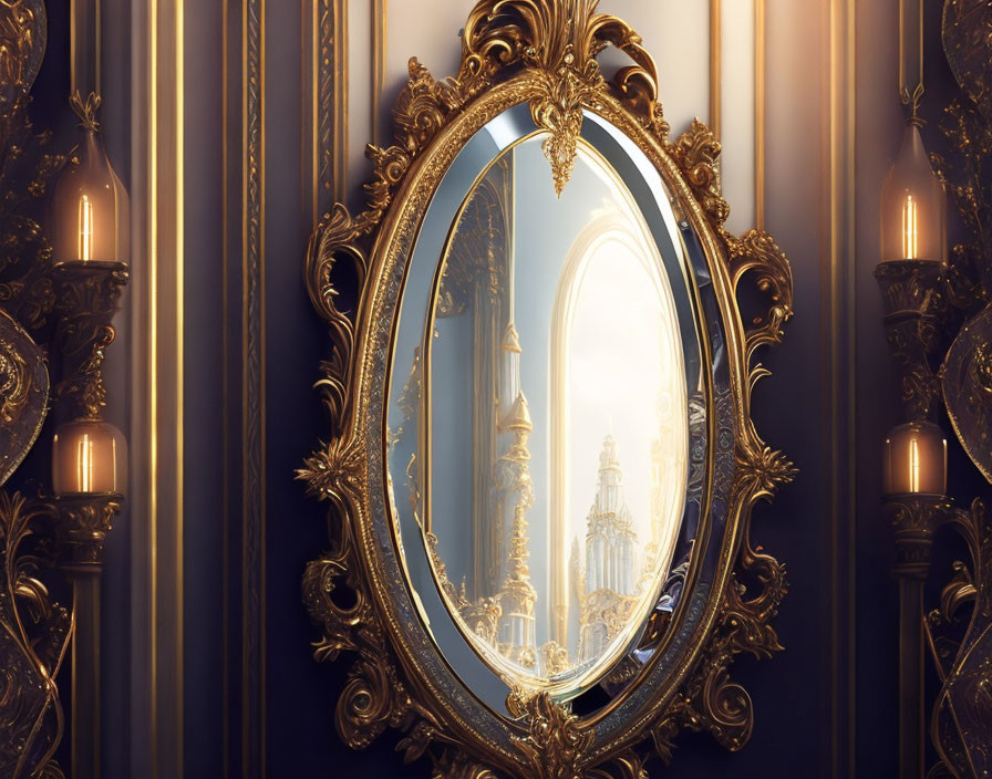 Golden Oval Mirror Reflects Opulent Baroque Room with Candle-lit Sconces