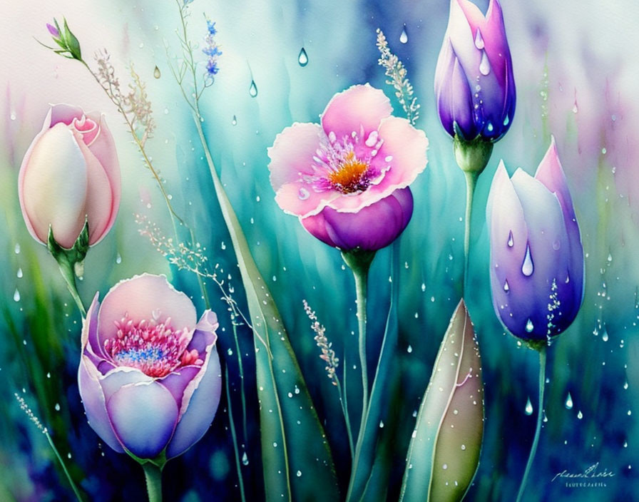 Vibrant Watercolor Painting of Dewy Flowers in Pink, Purple, and Blue