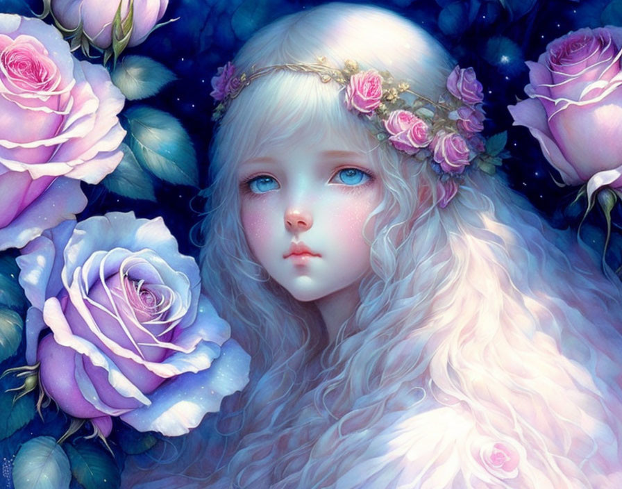 Illustration of character with pale skin, white hair, rose crown, and purple roses.