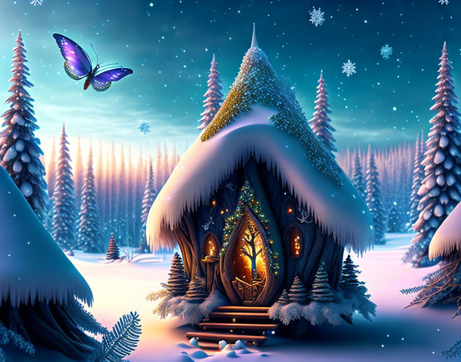 Snow-covered fairy-tale cottage in winter forest with glowing windows and butterfly