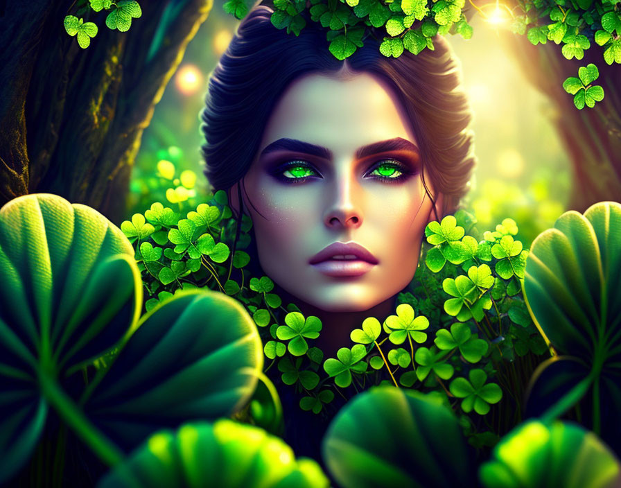 Digital Artwork: Woman with Green Eyes in Lush Greenery and Clovers