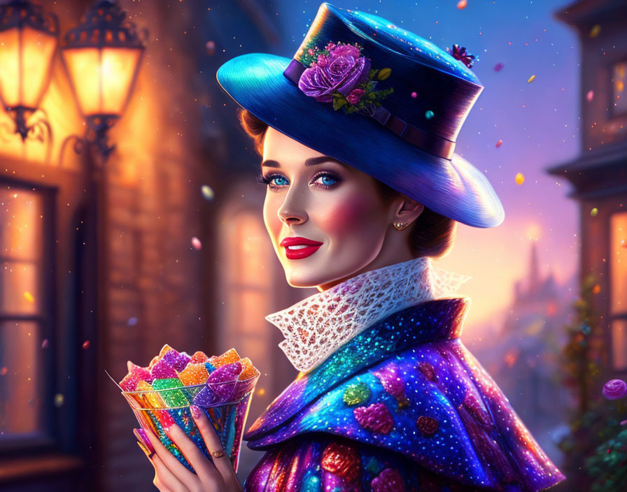 Colorful Top Hat Woman with Candy Cone in Whimsical Street Setting