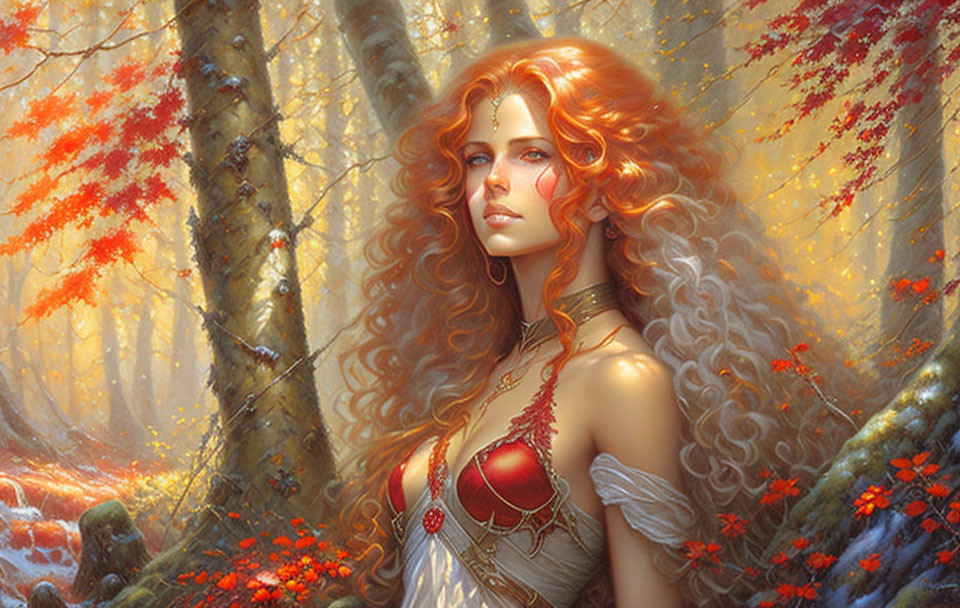 Red-haired woman in enchanted autumn forest with red foliage.