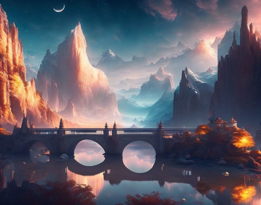 Fantasy landscape: Stone bridge, calm river, mountains, warm light, crescent moon