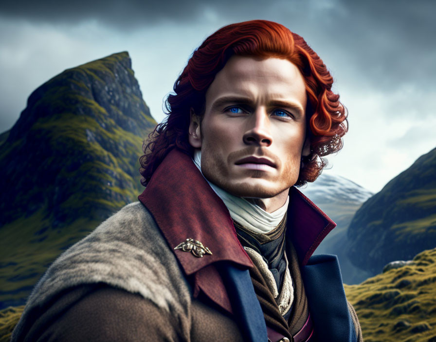 Man with Red Hair and Blue Eyes in Coat and Scarf Against Dramatic Mountain Landscape