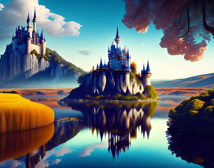 Majestic fantasy castle with spires on rocky island in colorful landscape