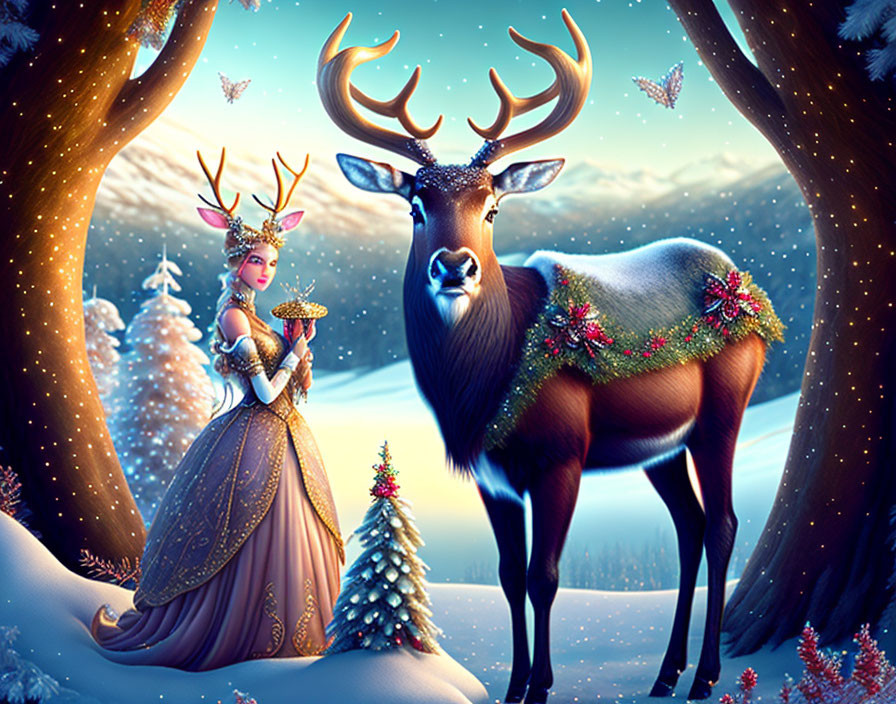 Majestic reindeer and regal woman in winter scene