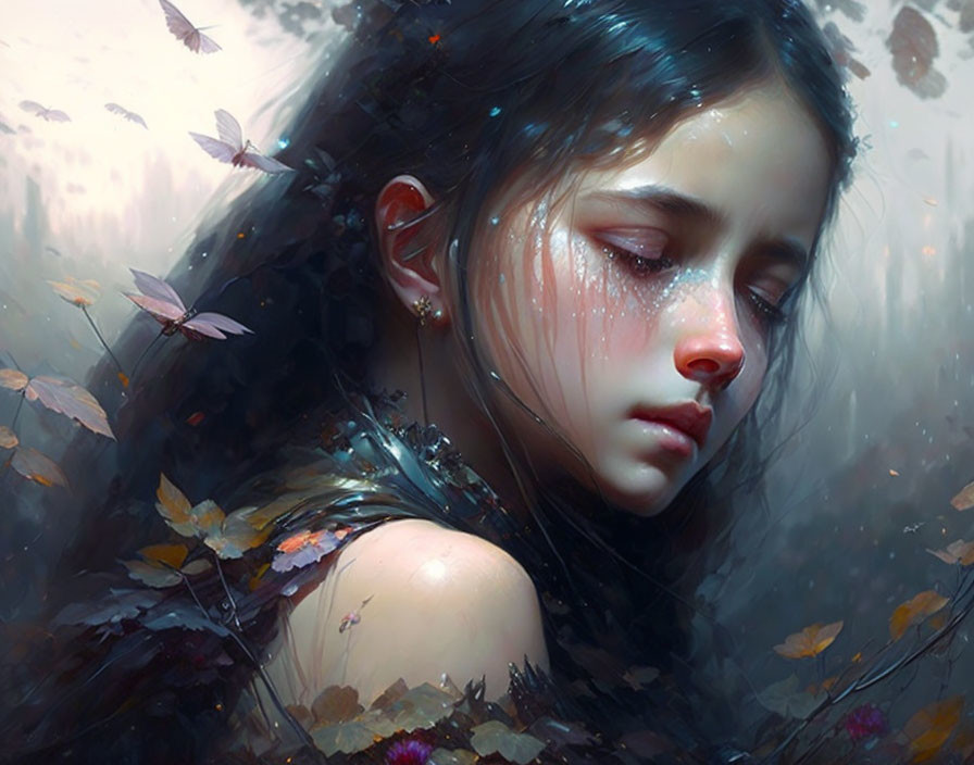 Young girl with tears surrounded by butterflies in dreamy forest