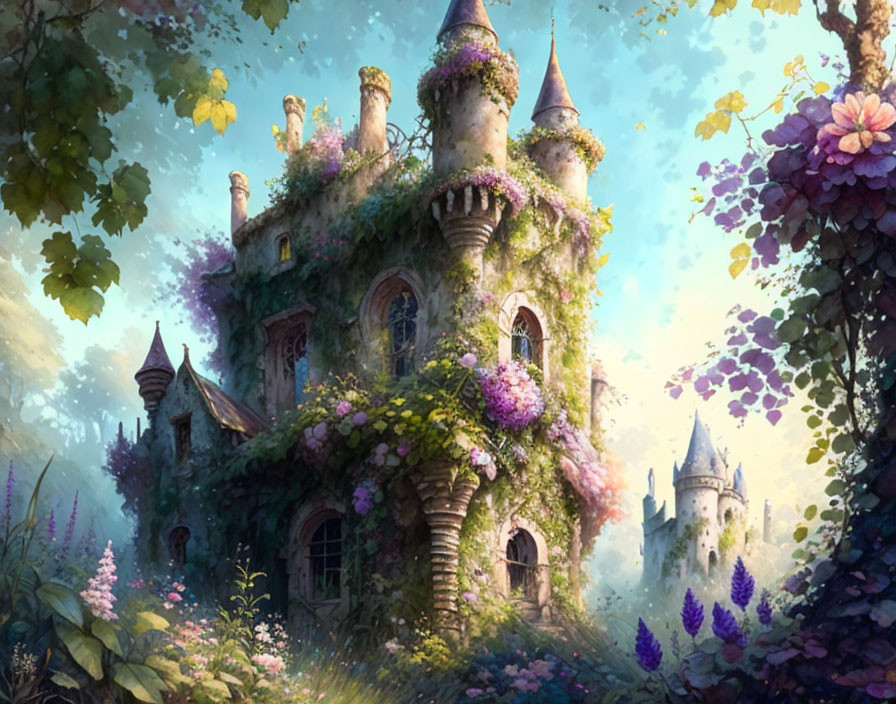 Overgrown castle in blooming forest with vine-clad towers