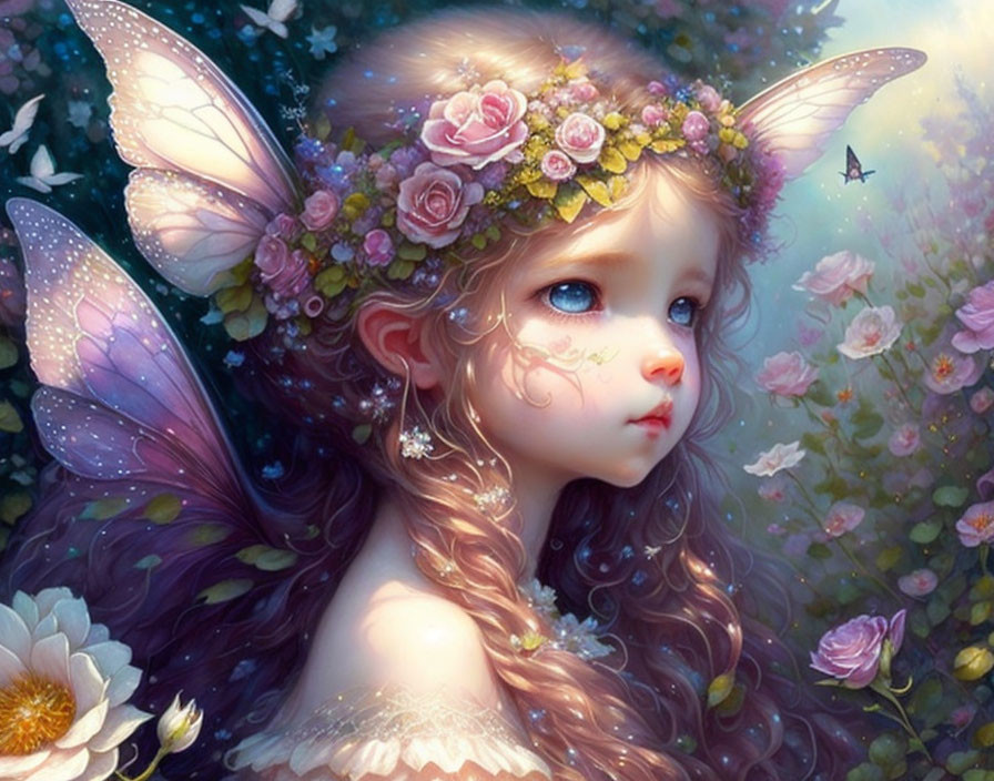 Illustrated fantasy creature with delicate wings and floral crown in flower-filled scene