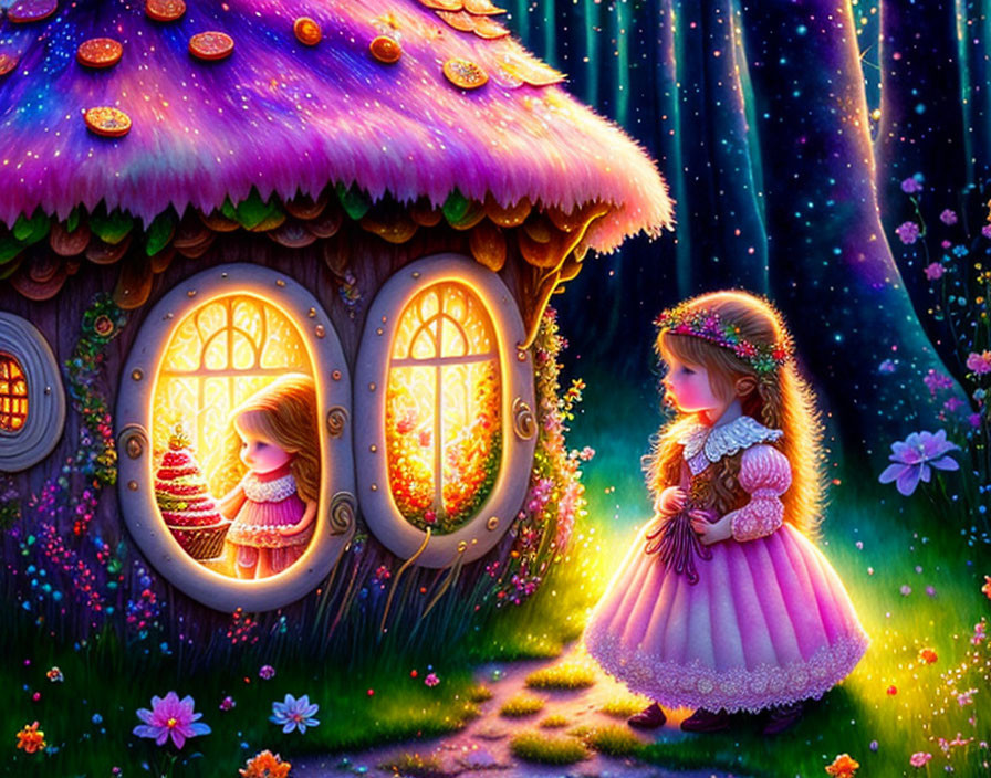 Whimsical fantasy illustration of girl in pink dress by mushroom house