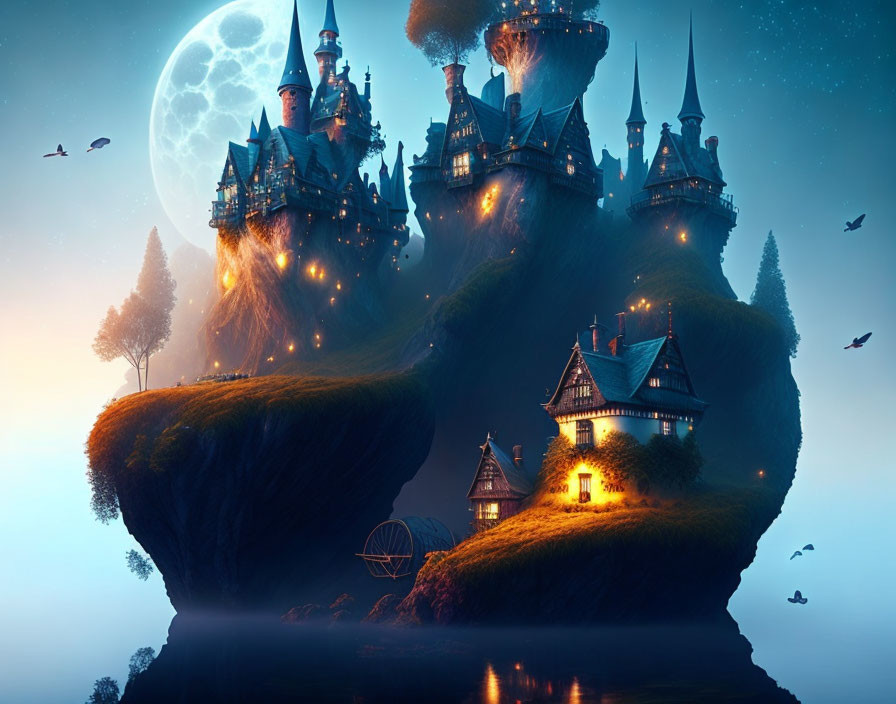 Whimsical floating islands with castles under moonlit sky