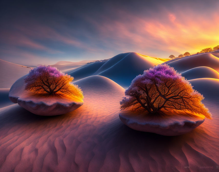 Sunset desert dunes with purple foliage trees and warm horizon glow