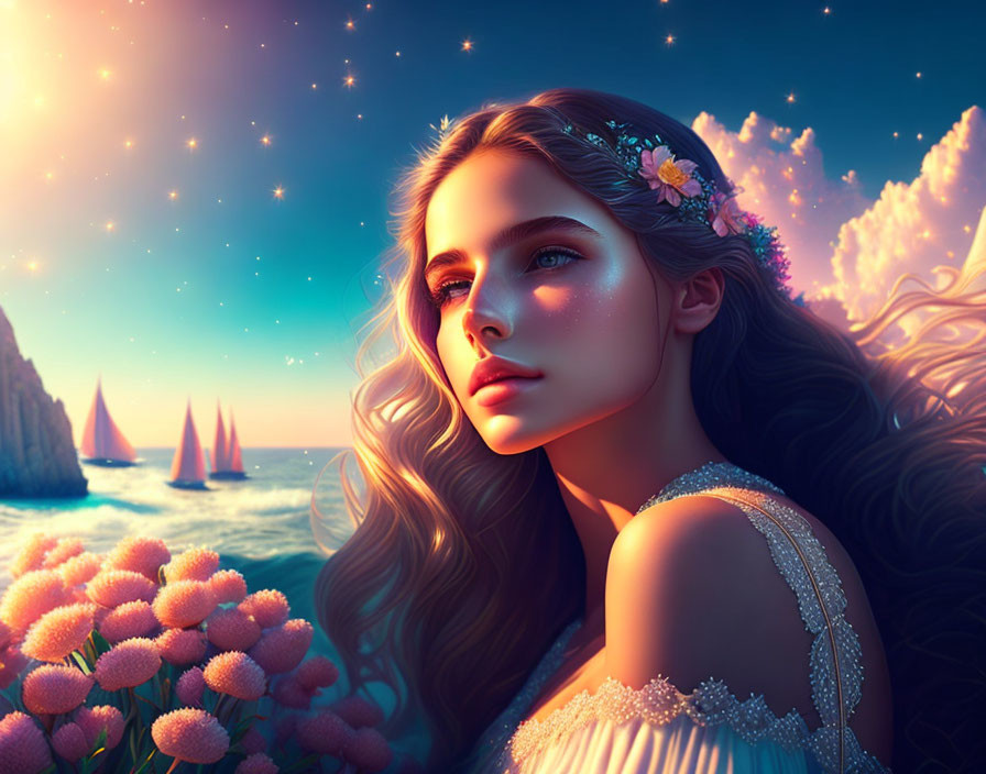 Woman with floral tiara gazing at sea with sailboats & starry sky