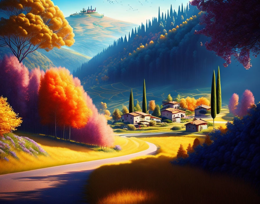 Colorful Autumn Landscape with Winding Road and Cottages