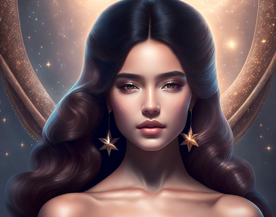 Digital artwork featuring woman with long, wavy hair and star-shaped earrings against cosmic background.