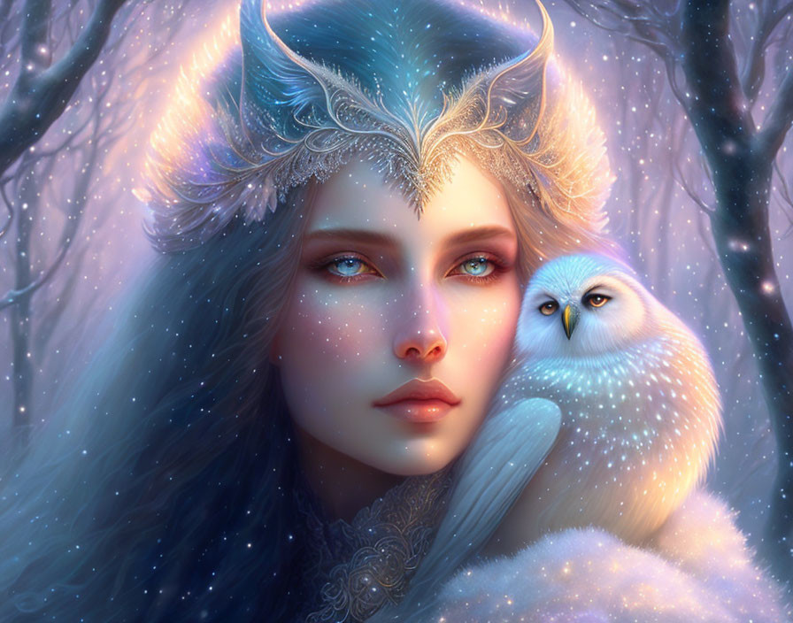 Fantasy illustration: Woman with blue eyes, frosty crown, white owl in snowy forest