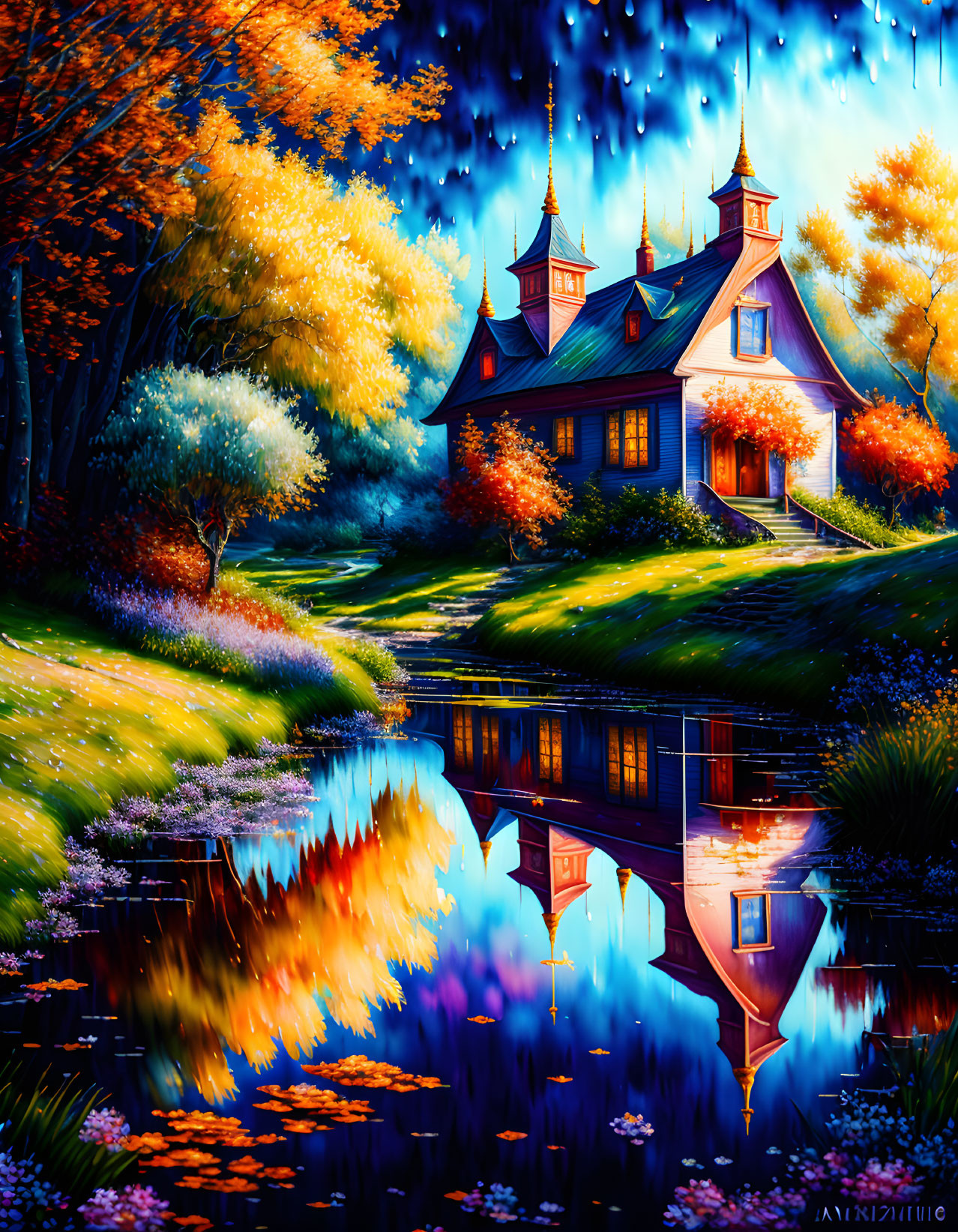 Colorful autumn scene: house by river with reflection, twilight sky