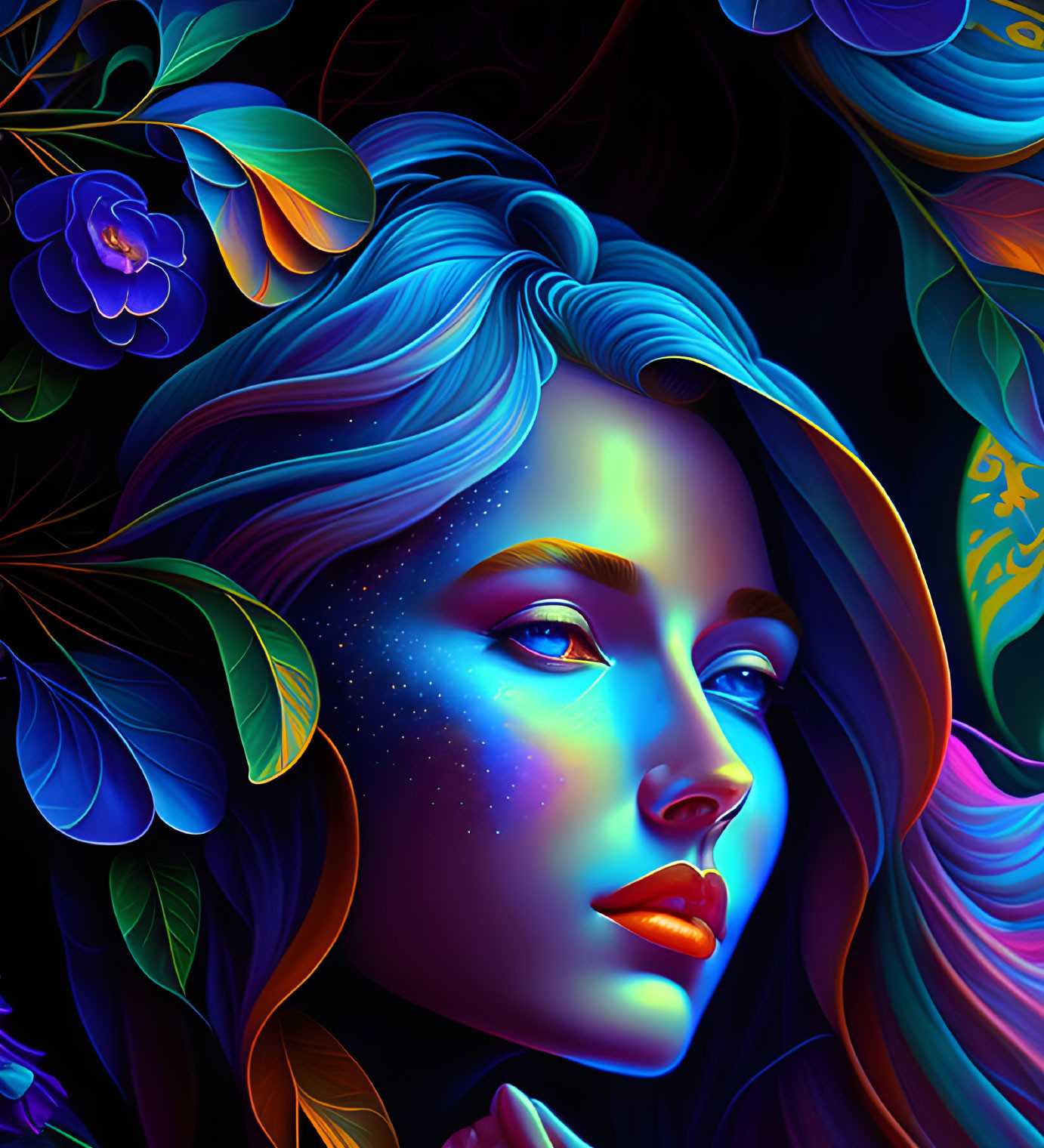 Colorful digital portrait of a woman with blue hair and cosmic skin among stylized foliage