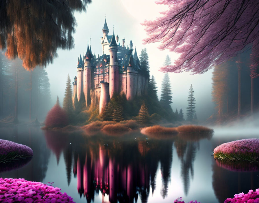 Enchanting fairytale castle in serene forest by still lake