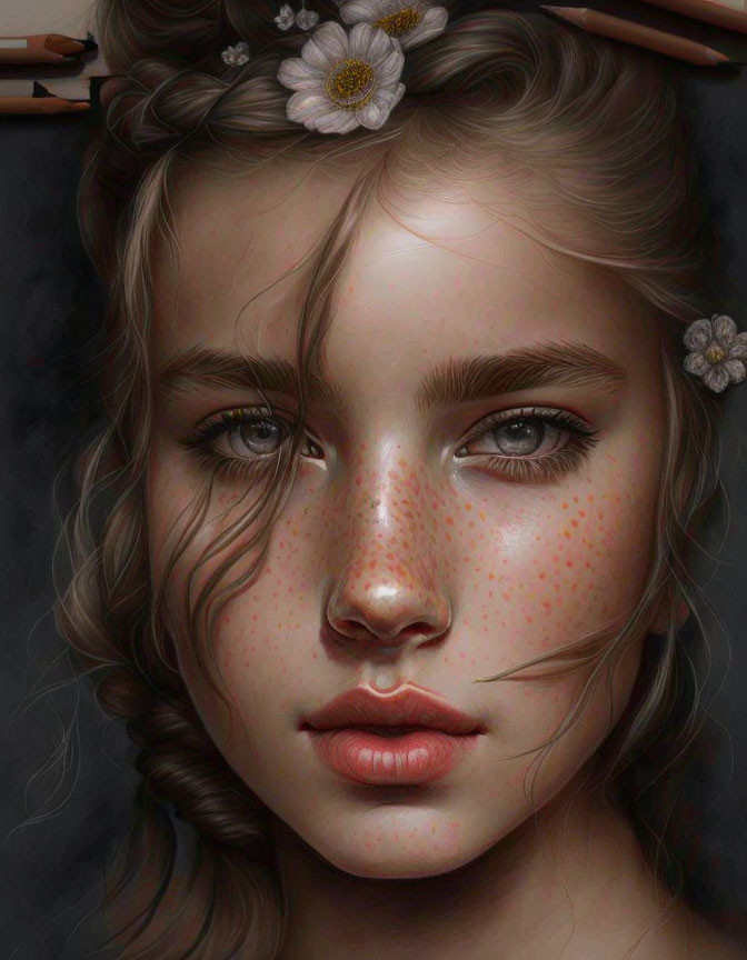 Portrait of girl with freckles and blue eyes in digital art.