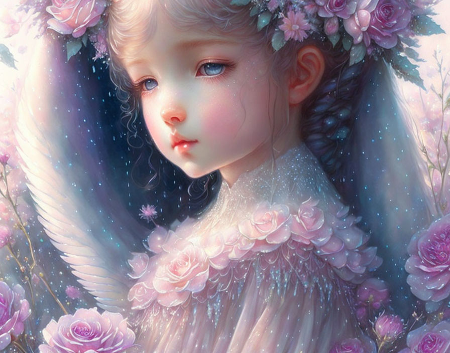 Digital artwork featuring angelic girl with large wings and pink roses.