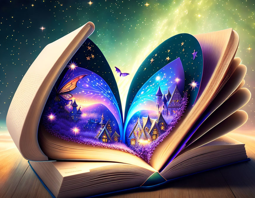 Open book pages form heart shape with magical night scene: castles, stars, soaring bird